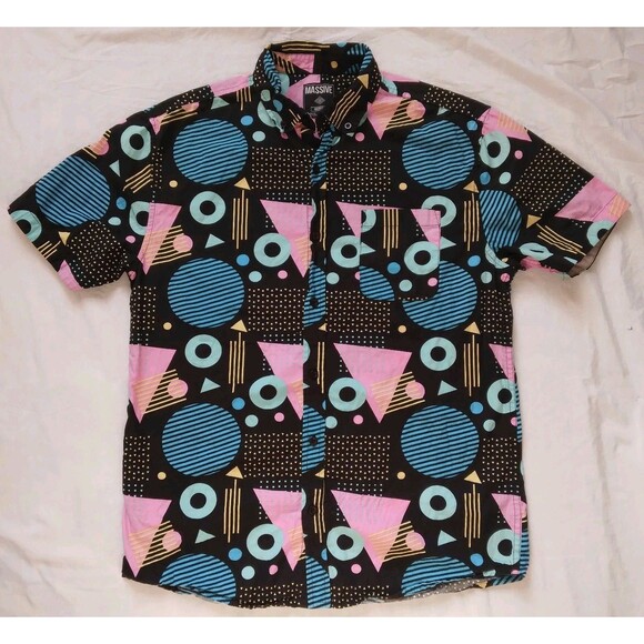 Massive Other - Massive Shirt Short Sleeve Button Up Colorful Geometric Retro Mens Medium